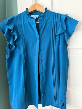 CeCe Bright Blue Pintuck Ruffle Cap-Sleeve Blouse